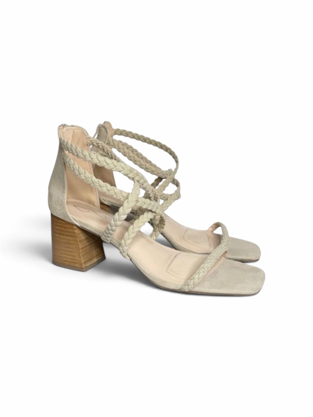JOIE Felina Sandals Taupe Suede Braided Strappy Block Heel Neutral Earth Tones